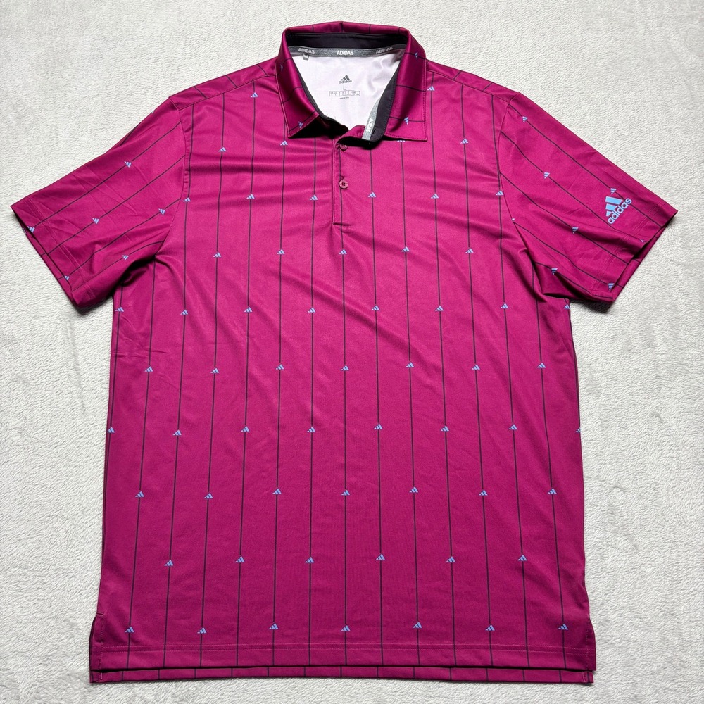Adidas Polo Men's L Pinstripe Logo Magenta Short Sleeve Golf Shirt Button